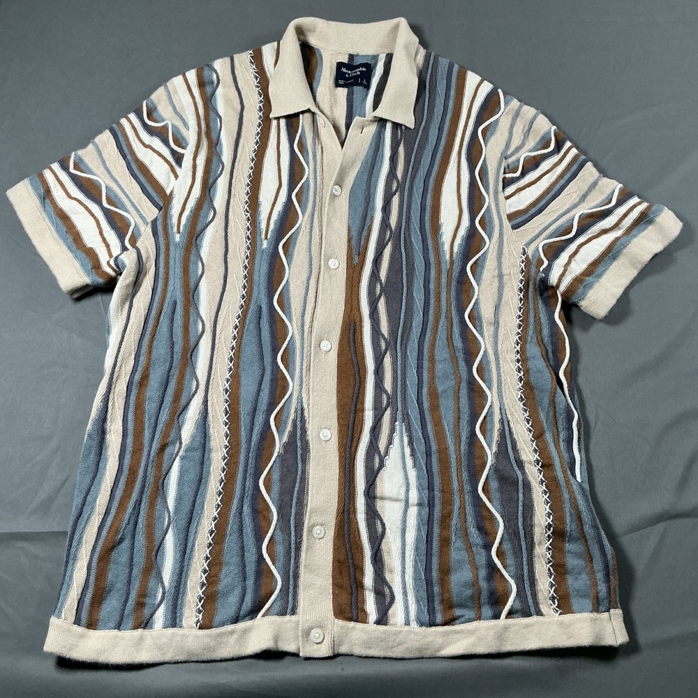 Abercrombie & Fitch Mens Textured Stripe Knit Button Up Sweater Polo Shirt Large